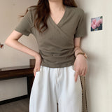 Zingj V-Neck Short-Sleeved T-Shirt Women 2024 Summer New Design Sense Slim Slim Short Students Slim Jacket