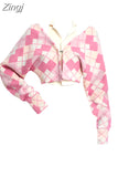 Argyle Heart Pattern Sweaters Long Sleeve Cardigan 2023 Autumn Winter Pink Sweater Women's Collar Button Cardigan