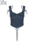 Blue Denim Tank Top for Women Sleeveless Off Shoulder Y2k Bandage Lace Up Crop Tops Vintage Korean Fashion T-shirts