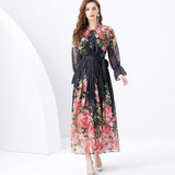 Suit Women's Long-Sleeved Print Chiffon Top High-Waist Long Skirt Two-Set