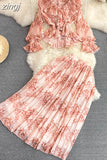 Floral Printed Two Piece Set Spring Autumn V-Neck Ruffle Draped Flare Sleeve Chiffon Blouse+High Waist Pleated Skirt