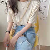 Women T-shirts Summer Knitted Slim Sweet All-match Candy Colors Fashion Korean Style Folds Simple Solid Comfort Leisure