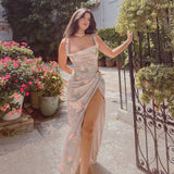 Summer Chiffon Foral Print 2 Piece Dress Set Elegant Lace Up Corset Top and Long Skirt Dress Set for Party