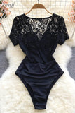 Women Lace Bodysuits Black Elegant V-Neck Short Sleeve High Waist Bodycon Romper Female Summer Patchwork Jumpsuits 2023