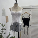 Outside Wearing Hottie Fake Two Splicing Lace Slings Vest Short Sleeveless Top