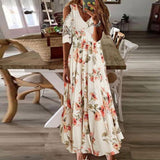 Solid Ruffles Pleated Long Party Dress Women Short Sleeve Loose Casual Dress2025 Autumn V Neck Tassel Hollow Out Dresses 211-1-Outfit
