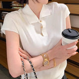 Money Style Collar Short Sleeve Knitted Shirt Women's Summer Simple Polo Shirt T-Shirt Loose Thin Half-Sleeved
