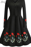 V-neck Embroidery Slim Bodycon Women Long Sleeve Winter Elegant Vintage Black Party