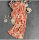 Suit Female Korean Version Of The Lantern Sleeves Loose Single-Chamed Dizzled Dyed Printed Shirt Three Sets Of High-Rise Broad-Legged