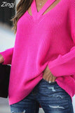 Solid Women Knitted Sweaters Casual V Neck Long Sleeve Pullover Tops Autumn Winter Ladies Loose Knitwear