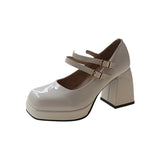 Coarse Square Head Small Leather Shoes Women 44 Large Spring And Autumn New Mary Jane French High Heel Single