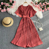 Zingj Temperament Fashion V Collar Fly Sleeve Dress Simple Pure Color Waist Belt Pleated Long