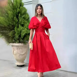 Zingj Summer New Solid Color Princess Sleeve High Waist Temperament Elegant Big Hem Long Dress-Outfit