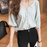 Women Summer Chiffon M-4XL V-neck Single-breasted Elegant Lantern Sleeve Leisure Korean Style Loose All-match Newest