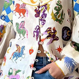 Women's New Temperament Commuting Print Collar Single Buckle Lantern Sleeve Lady Shirt