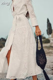 Shirt Dress Women Button Up Midi Dress Female Lapel Long Sleeve Elegant Dress Female Hollow Out White Dress With
