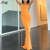 Women Summer Bodycon Open Back Dress Fashion Solid Color Halter Neck Sleeveless Wrap Long Dress