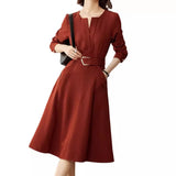 And Autumn 2025 Luxury Temperament Orange Red Design Sense V Collar Long-Sleeved Dress Elegant Commute Fashion Long