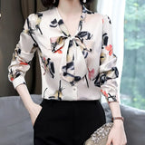 Silk Blouses Women Satin Print Blouse Women Long Sleeve Shirts Woman V-neck Silk Blouses Ladies Floral Blouse for