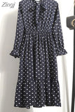 Women Floral Chiffon Dress Autumn Winter Long Sleeve Elastic Waist Bow Collar Casual Elegant Party Office Dresses