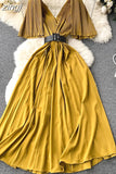 Women Pleated Party Long Dress Sexy V-Neck Short Sleeve High Waist A-Line Maxi Vestidos With Belt Vacation Beach Robe