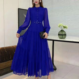 New V-Neck Single-Drenchee Chiffon French Retro Dress Thin A-Character Long Dress Women's Bubble