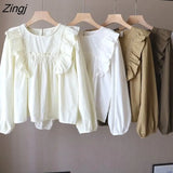 Women Ruffles Chic Design Autumn Solid Holiday All-match Hot Sale Preppy Style Ladies Blusas Mujer Leisure