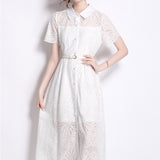 Retro Elegant Dress Women's Summer Senior Sense Collar Single Buckle Waist Thin Hollow Embroidered