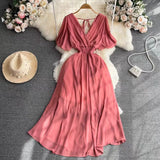 Summer New Temperament V-Neck Elasticity To Collect The Waist Of The Long Seaside Vacation Beach Chiffon Dress