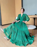 Seaside New Super Layer V-Neck Waist Temperament Famous 100 Fold Dress Short-Sleeved A-Word Dress