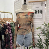 Vintage Graffiti-Printed Shoulder-Threin Mesh Long-Sleeved Blouse Side Drawstring Tethered With Slime T-Shirt