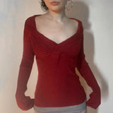 Temperament Cross-Deep V-Neck Design Woolen Top Bottom Bottom Tight Waist Short Long-Sleeved Knitted