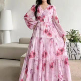 Dress Women 2025 New High-End Sense V-Neck Pearl Buckle Lantern Sleeves Wide Swing Print Long