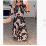 Summer New Temperament Elegant Seven-Sleeve Print Waist Dress Women's