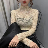 Zingj Color Lace Bottom Shirt Female Spring Versatile Half Turtleneck Small Shirt Jacket Hollow Out Sexy With Long Sleeve Bottom