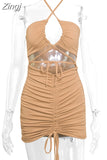 Women Solid Bodycon Dress Plain Cross Halter Ruched Tie-Up Hollow-Out Hip Dress Sexy Ladies Tight Short Party