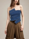 Hot Girls Wind Niche Design 2025 Autumn Style Wipe Chest Irregular Slim Jeans Patchwork Jacket