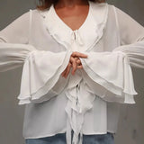 Women's New Fashion Lotus Leaf Side Long-Sleeved V Tie With Shirt Shirt
