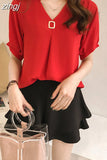 Summer Tops Blouse Women Solid V-neck Short Sleeve Chiffon Blouse Women Elegant Korean Loose Slim New Ladies Tops
