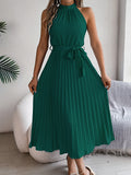 Shooting 2025 Spring And Summer Elegant Tie Without Sleeves To Close The Waist 100 Folding Long Dress Women's