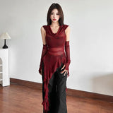 New Halloween Cos Red Collar Hooded T-Shirt Women's Lotus Side Irregular Sleeves Thin