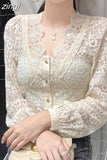Sexy V-Neck Hollow Lace Blouse Women Long Sleeve Apricot Shirt Slim Short Women Tops Clothing Blusas Mujer De Moda