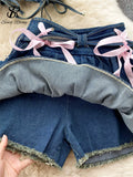 Hotsweet Denim Two Pieces Sets Zipper Strapless Y2K Top+Elastic Mini Culottes Lace Up Cross Bandage Streetwear Suits 211-1-Outfit