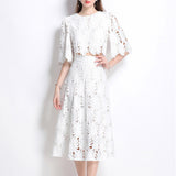 High-End Squeal Hook Lace Set Women's Summer Fashion Short Horn Sleeve Shirt High Waist