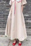 Pan Collar Summer Dress women Solid Beige Black ladies Casual Long Dress Girls Cute Holiday Woman Dress Robe