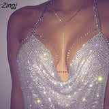 Full Crystal Diamond Crop Tops Deep V Neck Backless Halter Tank Summer Beach Party Bralette Cropped Women Tank