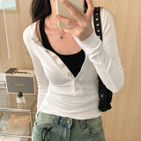 Single-Breasted White Long-Sleeved T-Shirt Women's Autumn New Stretch Slim Minority Bottomed