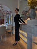 Zingj Sexy Elegant Dress Solid Color Long Sleeve Round Neck Wrap Hip Long Skirt Women's