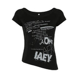 Dark Letter Print Slanted Shoulder Loose Short-Sleeved T-Shirt Millennium Hottie Street Sexy Backhide Hop
