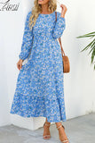 Floral Print Women Dress Spring Summer Casual O Neck Long Sleeve Chiffon A Line Long Maxi Dress Party